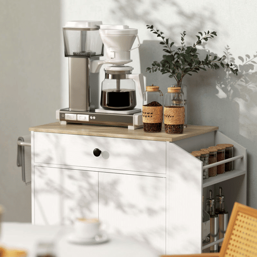 HOMCOM Ilha de Cozinha com Rodas Carrinho de Cozinha Móvel Auxiliar de Cozinha com 2 Portas Gaveta Suporte para Temperos de 3 Níveis e Prateleira Ajustável 82x38x86,5 cm Branco