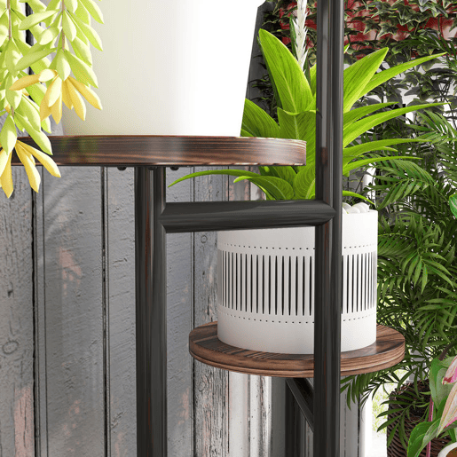 Outsunny Suporte para Plantas de 5 Níveis Suporte para Plantas de Madeira e Aço com 5 Prateleiras Redondas Suporte para Vasos de Flores para Interior e Exterior 43x43x70 cm Madeira