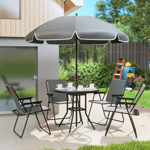 Outsunny Conjunto de Mesa e Cadeiras de Jardim de 6 Peças Móveis de Jardim Exterior com 4 Cadeiras Dobráveis Mesa de Vidro e Chapéu de Sol para Terraço Pátio Cinzento