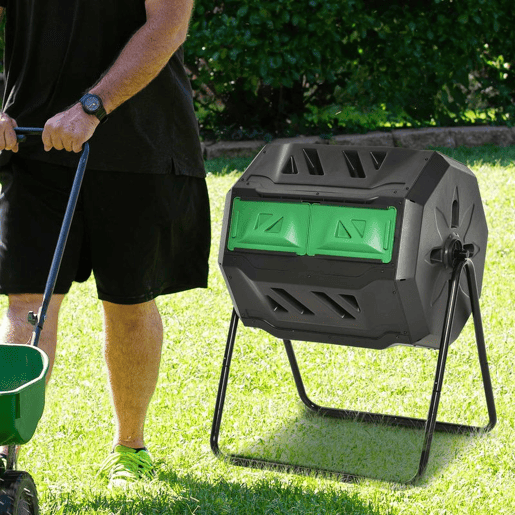 Outsunny Compostor de Tambor Giratório com Capacidade 160L de Dupla Câmera e Ventilação Estrutura de Aço para Resíduos Orgânicos de Jardim 71x64x92cm Preto e Verde