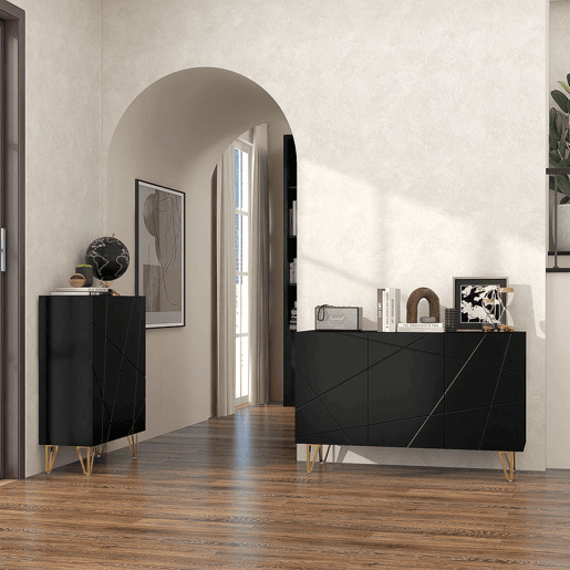 HOMCOM Aparador para Sala Aparador de Entrada com 3 Portas e Prateleiras Ajustáveis Armário de Armazenamento para Cozinha Sala 120x40x75 cm Preto Brilhante