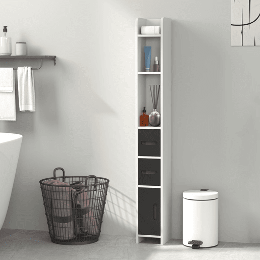 kleankin Coluna Casa de Banho com 3 Portas e 3 Prateleiras Abertas Coluna Auxiliar para Sala de Estar Casa de Banho Dormitório Estilo Moderno 15x17x120 cm Branco e Preto