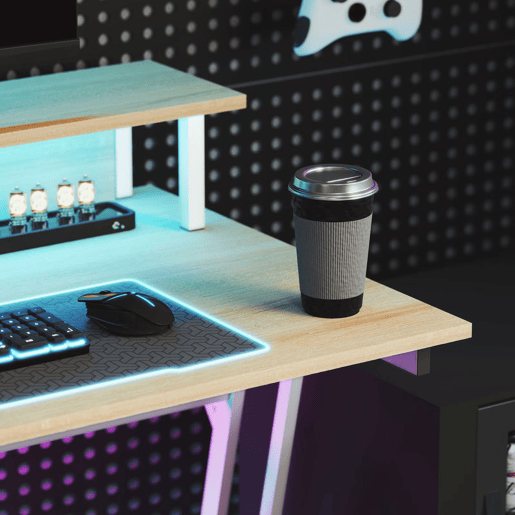 HOMCOM Mesa Gaming com Luzes LED e Tomadas de Corrente, 100x60 cm, Secretária Gaming, Mesa Gamer com Suporte para Monitor, Prateleiras e Controlo Remoto, para Escritório, Estúdio, Natural