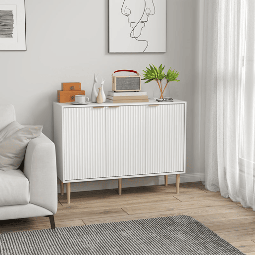 HOMCOM Aparador de 3 Portas Estriadas Aparador de Sala de Estar com Prateleira Ajustável Móvel para TV para Quarto Sala de Estar 107x35x80 cm Branco