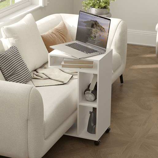 HOMCOM Mesa Auxiliar Multifuncional em Forma de C com Rodas, Compartimentos Abertos para Sofá, Sala, Quarto ou Escritório, 40x30x69 cm, Branco