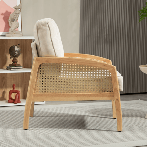 HOMCOM Poltrona Sala de Estar Moderna Poltrona Dormitório com Apoio para os Braços em Vime e Pés de Madeira Sofá Individual Carga 120 kg para Escritório Sala de Estar 67x75x88 cm Bege