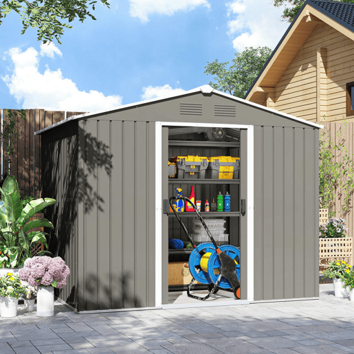 Outsunny Abrigo de Jardim de 3,6 m² 236x174x190 cm Abrigo de Exterior para Armazenamento de Ferramentas com Portas de Correr e 4 Janelas de Ventilação para Pátio Cinza Claro