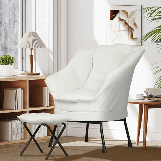 HOMCOM Poltrona Sala de Estar com Apoio para os Pés Poltrona Relax para Leitura com Bolsos Laterais e Pés de Aço para Sala de Estar Dormitório 80x78x100 cm Creme