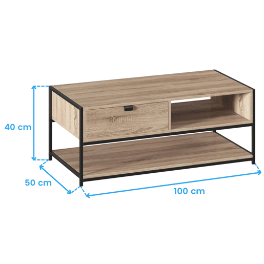 Mesa de Centro Aliaj com 1 Gaveta, Aço Estilo Industrial, Preto e Carvalho Claro, 100x40 cm Mesa de Centro Aliaj com 1 Gaveta, Aço Estilo Industrial, Preto e Carvalho Claro, 100x40 cm