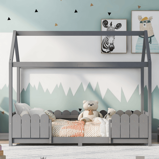 Cama de cabina 90x200cm madeira maciça - com proteção anti-queda - Cinzento