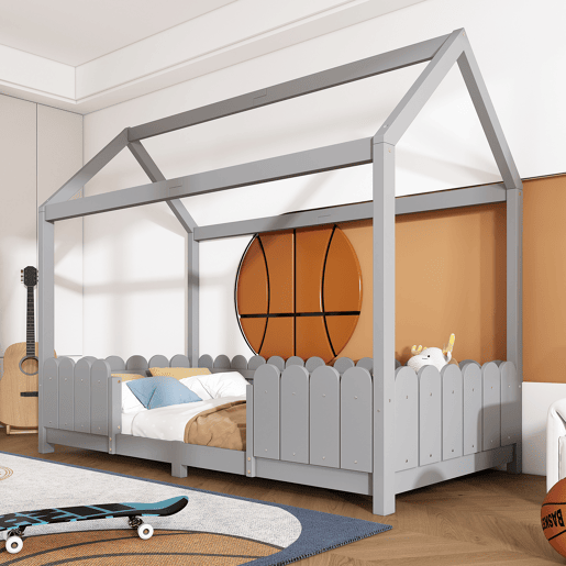 Cama de cabina 90x200cm madeira maciça - com proteção anti-queda - Cinzento