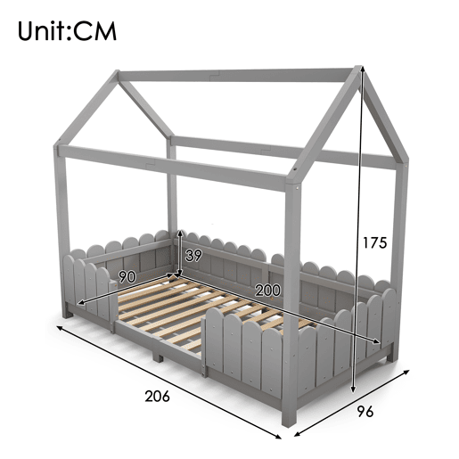 Cama de cabina 90x200cm madeira maciça - com proteção anti-queda - Cinzento