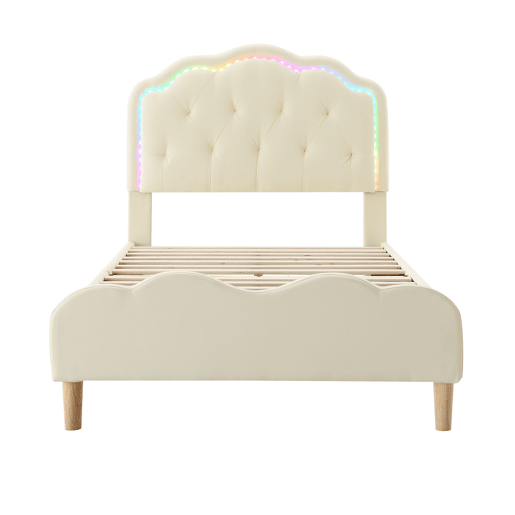 Cama de criança estofada em pele sintética com LED em várias cores - Estrado de ripas de madeira - 90x200cm - Branco
