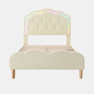 Cama de criança estofada em pele sintética com LED em várias cores - Estrado de ripas de madeira - 90x200cm - Branco