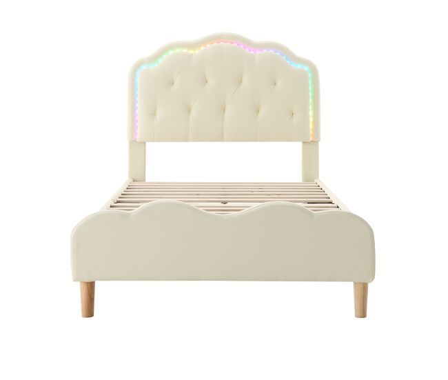 Cama infantil acolchada en símil piel con led en varios colores - somier de láminas de madera - 90x200cm - blanco