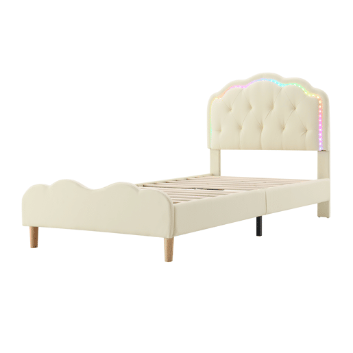 Cama de criança estofada em pele sintética com LED em várias cores - Estrado de ripas de madeira - 90x200cm - Branco