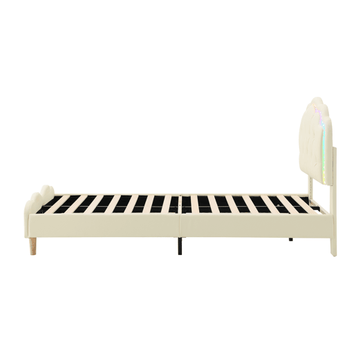 Cama de criança estofada em pele sintética com LED em várias cores - Estrado de ripas de madeira - 90x200cm - Branco