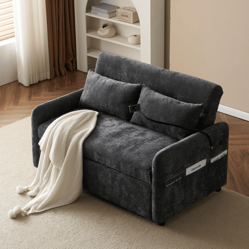 Sofá regulável multi-ângulo convertível em tecido chenille - 2 lugares - com suporte para telemóvel e portas USB - Cinzento Sofá regulável multi-ângulo convertível em tecido chenille - 2 lugares - com suporte para telemóvel e portas USB - Cinzento