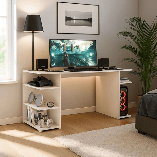 Mesa de computador de escritório contemporânea Tow 5H em branco com 3 prateleiras e suporte de torre Mesa de computador de escritório contemporânea Tow 5H em branco com 3 prateleiras e suporte de torre