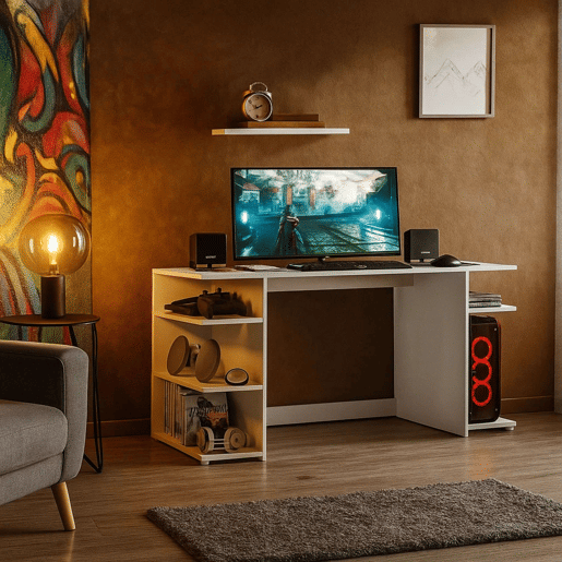 Mesa de computador de escritório contemporânea Tow 5H em branco com 3 prateleiras e suporte de torre Mesa de computador de escritório contemporânea Tow 5H em branco com 3 prateleiras e suporte de torre