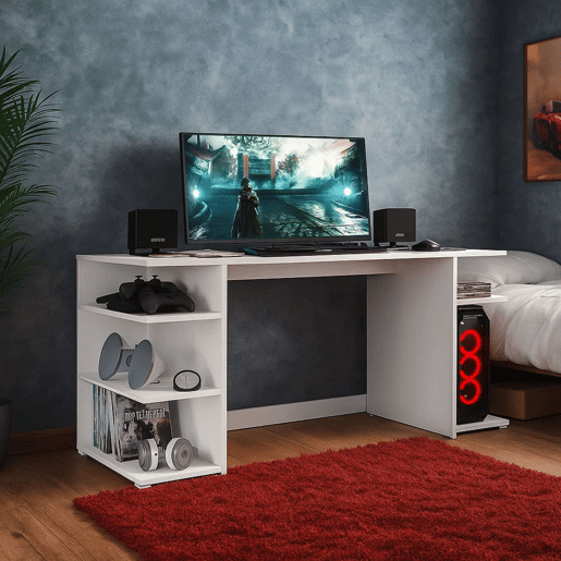 Mesa de computador de escritório contemporânea Tow 5H em branco com 3 prateleiras e suporte de torre Mesa de computador de escritório contemporânea Tow 5H em branco com 3 prateleiras e suporte de torre
