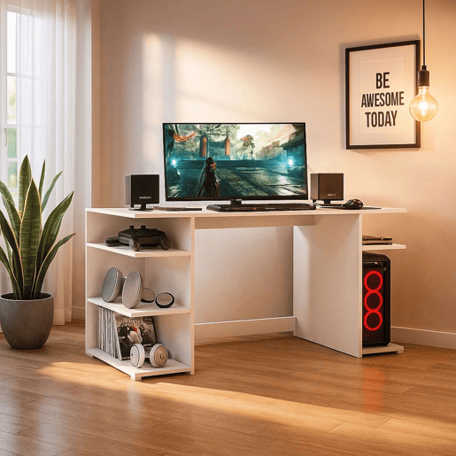 Mesa de computador de escritório contemporânea Tow 5H em branco com 3 prateleiras e suporte de torre Mesa de computador de escritório contemporânea Tow 5H em branco com 3 prateleiras e suporte de torre