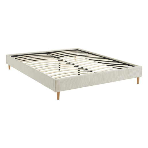 Cama com base de ripas 160cm, veludo canelado fino, Milton, Branco, 213x167.5x30 cm