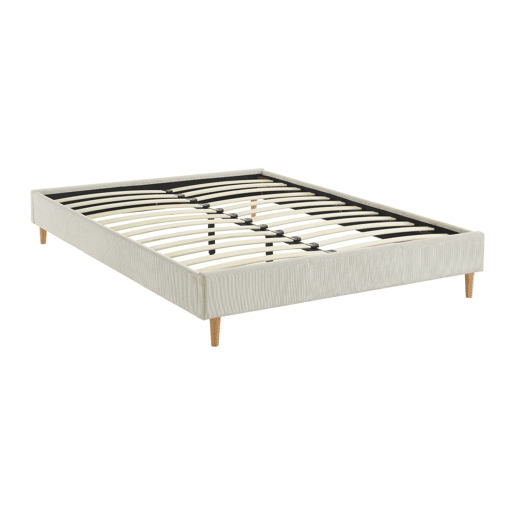 Cama com base de ripas 140cm, veludo canelado fino, Milton, Branco, 203x148x30 cm