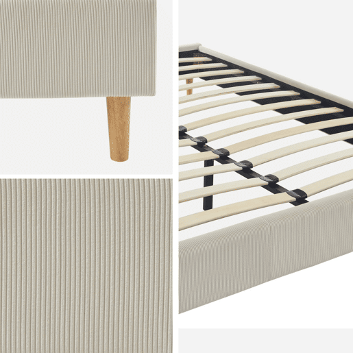 Cama com base de ripas 140cm, veludo canelado fino, Milton, Branco, 203x148x30 cm