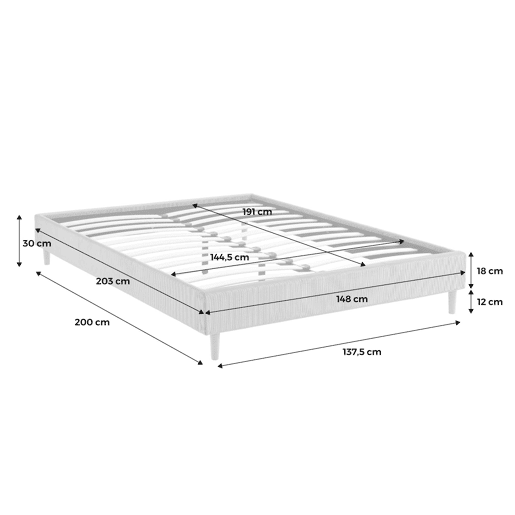 Cama com base de ripas 140cm, veludo canelado fino, Milton, Branco, 203x148x30 cm