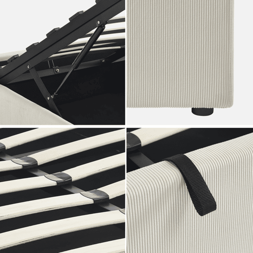 Cama com base de ripas 160cm, veludo canelado fino, Devon, Branco, 213x166.5x32 cm
