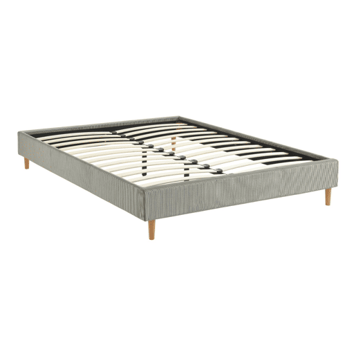 Cama com base de ripas 140cm, veludo canelado fino, Milton, Cinza, 203x148x30 cm
