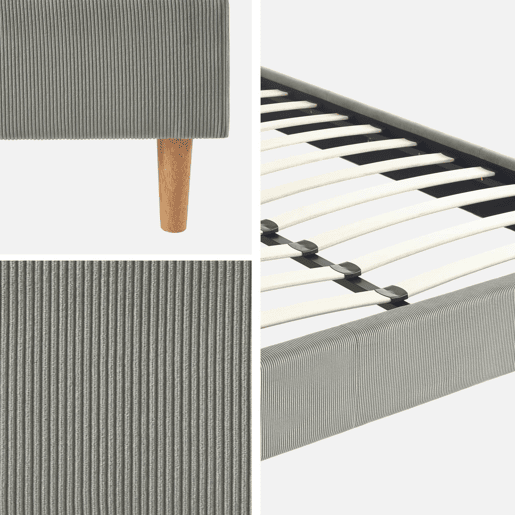 Cama com base de ripas 160cm, veludo canelado fino, Milton, Cinza, 213x167.5x30 cm