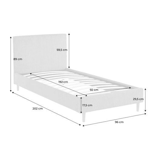 Cama com base de ripas e cabeceira 90cm, em veludo canelado fino, Marlon, Branco, 202x96x88 cm