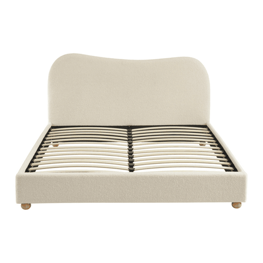 Cama com estrado de ripas e cabeceira, branca em boucle, Aaron, Branco, 214.5x168x97 cm
