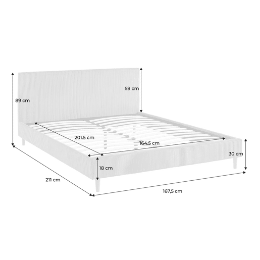 Cama com base de ripas e cabeceira 160cm, em veludo canelado fino, Marlon, Cinza, 211x167.5x89 cm