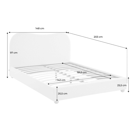 Cama com estrado de ripas e cabeceira, branca em boucle, Aaron, Branco, 203x148x97 cm