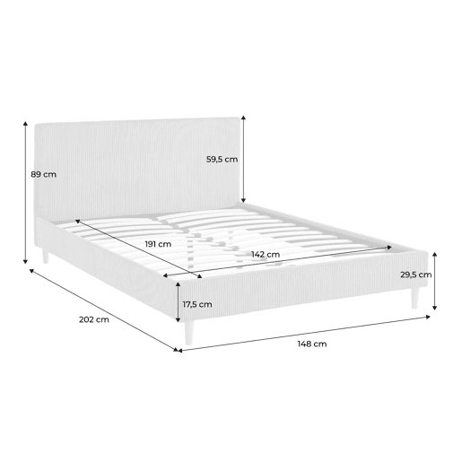 Cama com base de ripas e cabeceira 140cm, em veludo canelada fino, Marlon, Branco, 202x148x89 cm