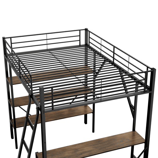 Cama mezzanine em ferro - 90x200 cm - com secretária e 3 prateleiras - Preto Cama mezzanine em ferro - 90x200 cm - com secretária e 3 prateleiras - Preto
