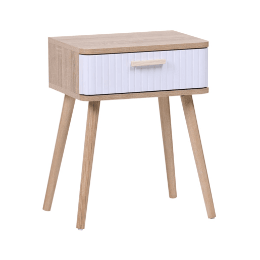 Mesa de cabeceira estilo nórdico Frisa em branco e carvalho nórdico com 1 gaveta 40x52x30 cm