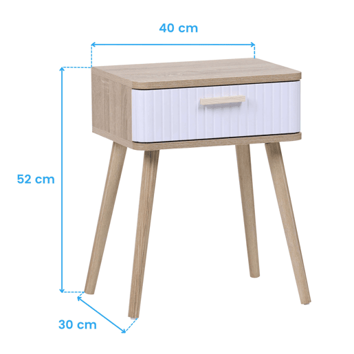 Mesa de cabeceira estilo nórdico Frisa em branco e carvalho nórdico com 1 gaveta 40x52x30 cm