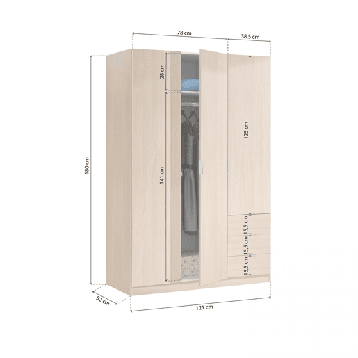 Roupeiro Hexa 3 portas 3 gavetas Carvalho 121 x 180 x 52 cm