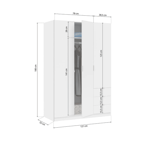 Roupeiro Hexa 3 portas 3 gavetas Branco 121 x 180 x 52 cm