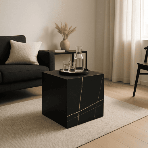 Mesa de apoio Ellelu cubo MDF 45x40x40cm Aspeto mármore preto en.casa