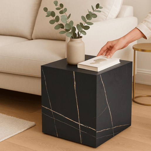 Mesa de apoio Ellelu cubo MDF 45x40x40cm Aspeto mármore preto en.casa