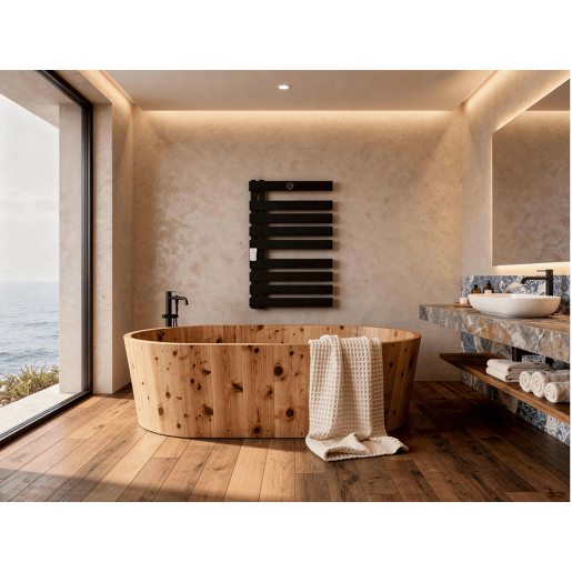 Toalheiros eléctricos com protecção IP24 e 425 W. Actua como secador de toalhas. aquecedor de roupa e, ao mesmo tempo, suportará o seu sistema de aquecimento. Tem controlo WiFi e um visor LED com termóstato semanal. Fabricado em alumínio preto médio