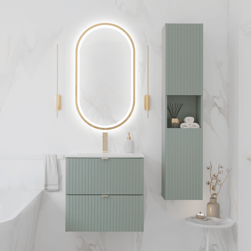 Conjunto móvel lavatório simples encastrado 50cm 2 gavetas e coluna Verde Jade e Madeira