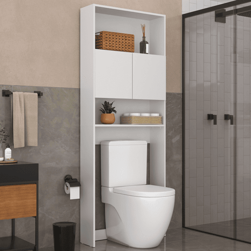 Prateleira de banheiro estilo contemporâneo Lois em melamina branca com 2 portas e 2 prateleiras
