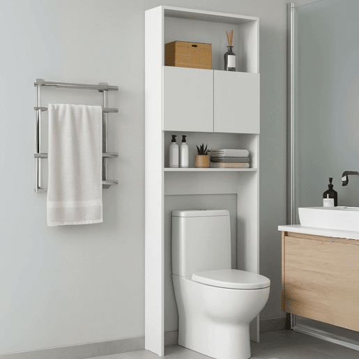 Prateleira de banheiro estilo contemporâneo Lois em melamina branca com 2 portas e 2 prateleiras
