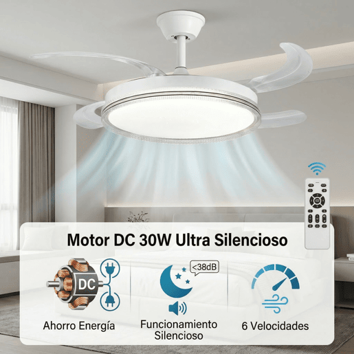 Ventilador de teto LED RGB, motor DC de 30 W, luz regulável de 60 W, 6 velocidades